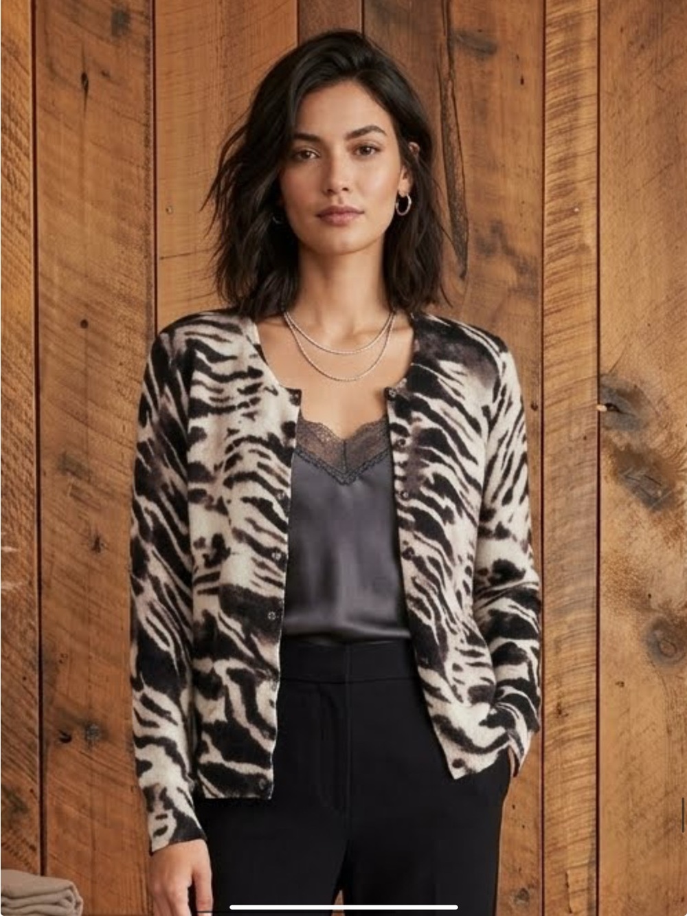 Madison Studio 100% Cashmere Zebra Print Cardigan Sweater Beige Black XS Office